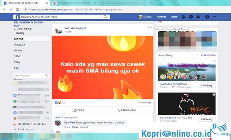 Tawarkan Sewa Anak SMA Dalam Group ,” SELINGKUH D BATAM YUK , ” Cyber Crime Polda Kepri Harus Bertindak