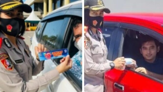 Ingatkan Prokes, Siswa Serdik Sespimmen Polri Dikreg ke- 61, Kompol Yunita Stevani, SIK,MSi Kembali Turun ke Jalan Bagikan Masker ke Warga di Pelabuhan Telaga Punggur