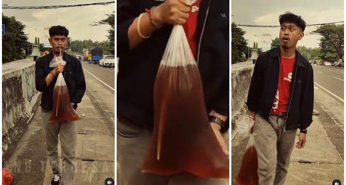 Pria Ini Buat Video Jalan Bawa Es Teh Plastik Jumbo, Sempat Coba sampai 3 Kali & Ada yang Ingin Beli