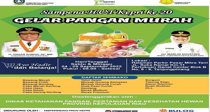 Sempena HUT Kepri ke-20, Pemprov Kepri Akan Gelar Pasar Murah di Tanjungpinang, Catat Tanggalnya!