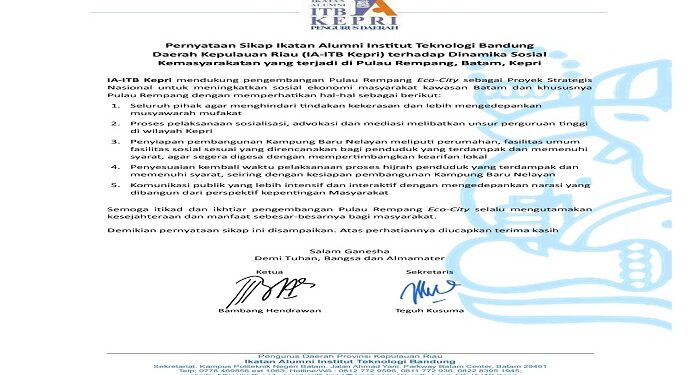 Antisipasi Sosial Kemasyarakatan di Pulau Rempang IA- ITB Kepri mengeluarkan Pernyataan Sikap