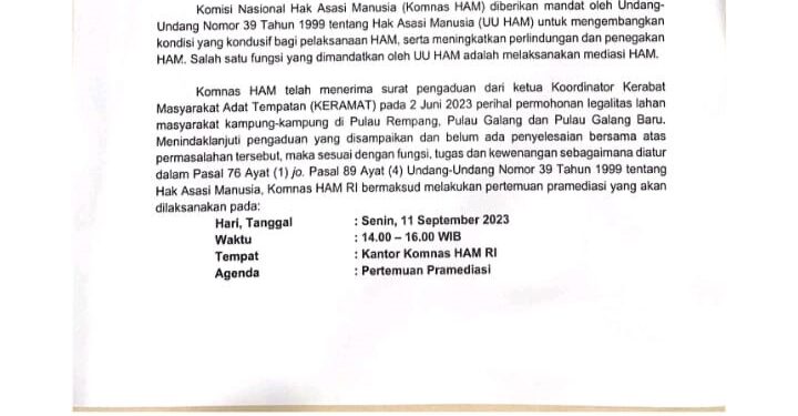 Beredar Surat Komnas HAM Terkait Pemanggilan Gubernur Kepri, Wali Kota Batam dan Pejabat Lainya